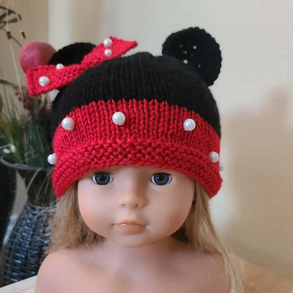 Minnie Mouse inspired Baby Infant Girl Knit Hat Red Black Size 3-6 M Photo Prop
